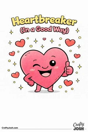 This fun Valentine’s Day coloring page features a confident, winking heart character with the phrase “Heartbreaker (In a Good Way).”