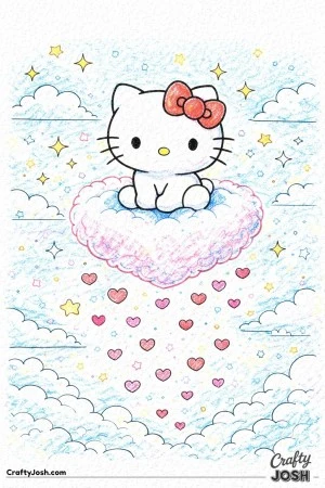 This sweet Valentine’s Day coloring page features Hello Kitty sitting on a fluffy heart-shaped cloud with hearts drifting down around her.