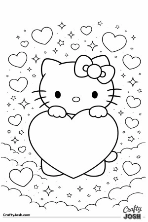 This sweet Valentine’s Day coloring page features Hello Kitty hugging a giant heart, surrounded by hearts, stars, and clouds.