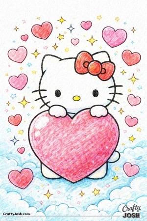 This sweet Valentine’s Day coloring page features Hello Kitty hugging a giant heart, surrounded by hearts, stars, and clouds.