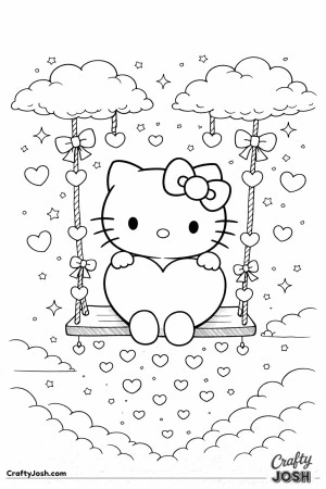 This adorable Valentine’s Day coloring page features Hello Kitty sitting on a heart-decorated swing hanging from fluffy clouds.