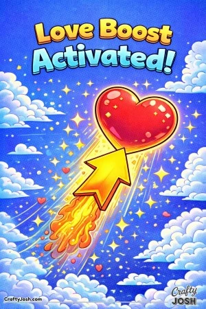 This fun Valentine’s Day coloring page features a heart launching upward with a boost arrow and the phrase “Love Boost Activated!”.