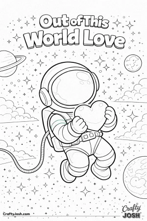 This Valentine’s Day coloring page features a space explorer floating in space while holding a heart with the phrase “Out of This World Love.”