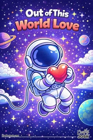 This Valentine’s Day coloring page features a space explorer floating in space while holding a heart with the phrase “Out of This World Love.”