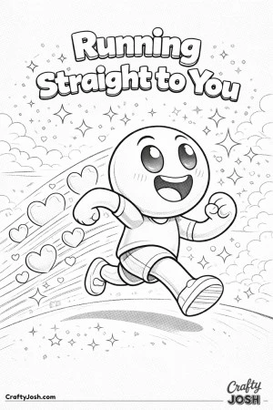 This Valentine’s Day coloring page features a speedy cartoon character running forward with hearts trailing behind and the phrase “Running ..