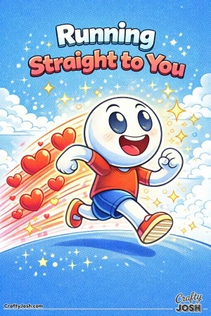 This Valentine’s Day coloring page features a speedy cartoon character running forward with hearts trailing behind and the phrase “Running ..