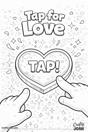 This playful Valentine’s Day coloring page features a heart-shaped “TAP!” button surrounded by sparkles with the phrase “Tap for Love.”