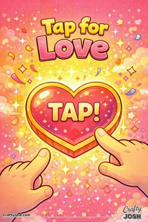 This playful Valentine’s Day coloring page features a heart-shaped “TAP!” button surrounded by sparkles with the phrase “Tap for Love.”