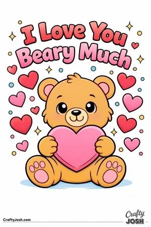 This adorable Valentine’s Day coloring page features a cute teddy bear holding a heart with the phrase “I Love You Beary Much.” Perfect for ..