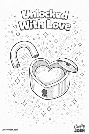 This Valentine’s Day coloring page features a heart revealed inside an unlocked padlock with the phrase “Unlocked With Love.”