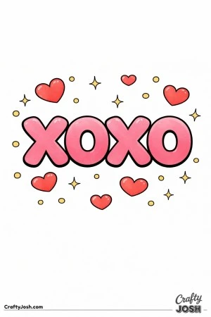 This simple Valentine’s Day coloring page features big “XOXO” bubble letters surrounded by hearts and sparkles.