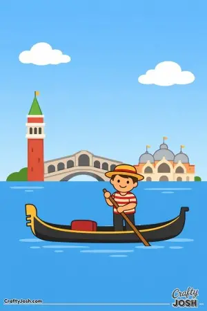 Drift along the canals of Venice with this friendly gondola scene inspired by the bright, simple color artwork