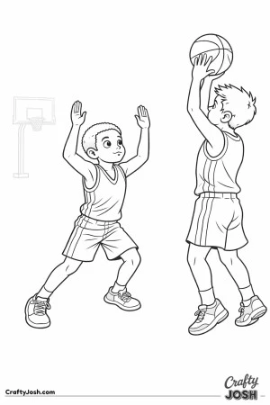 A young basketball defender plants his feet with both arms raised straight up while contesting a jump shot taken directly in front of him on the court