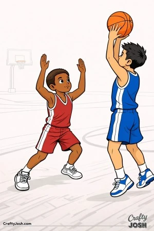A young basketball defender plants his feet with both arms raised straight up while contesting a jump shot taken directly in front of him on the court