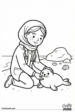 Vet with seal on beach