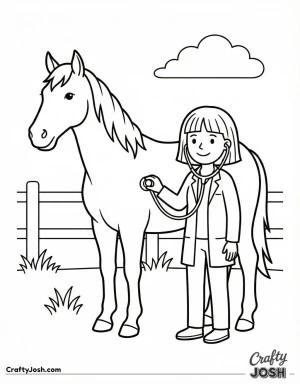 Veterinarian checking horse in field coloring