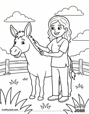 Veterinarian with wavy hair helping donkey