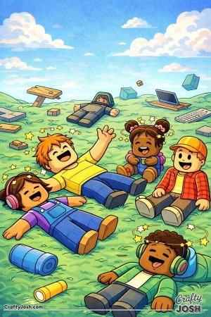 A silly Roblox-inspired coloring page showing exhausted blocky avatars relaxing on the ground after surviving total chaos, with goofy poses, floating ..