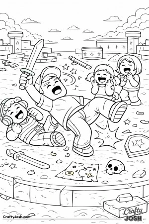 A playful Roblox-inspired coloring page showing a victory moment gone wrong, as one blocky avatar slips mid-celebration while friends laugh and cheer ..