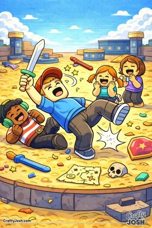 A playful Roblox-inspired coloring page showing a victory moment gone wrong, as one blocky avatar slips mid-celebration while friends laugh and cheer ..