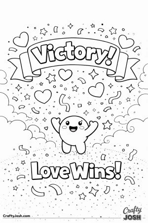 This joyful Valentine’s Day coloring page features a bold “Victory!” banner with a happy character celebrating below and the message “Love ..
