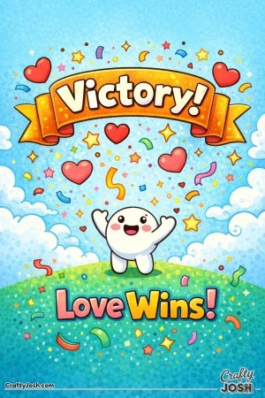 This joyful Valentine’s Day coloring page features a bold “Victory!” banner with a happy character celebrating below and the message “Love ..