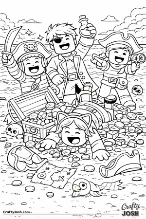 A funny Roblox-inspired coloring page showing a pirate-style beach celebration where blocky avatars pose proudly after a win—except one who trips ..