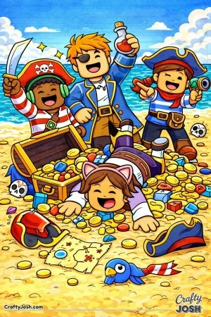 A funny Roblox-inspired coloring page showing a pirate-style beach celebration where blocky avatars pose proudly after a win—except one who trips ..