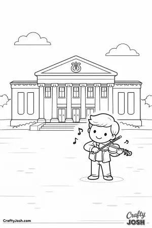 This scene was inspired by a colorful picture of Vienna’s love for music, with a child happily playing the violin in an open square