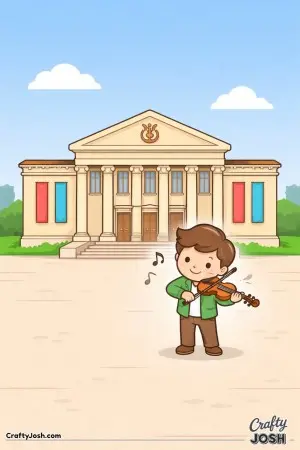 This scene was inspired by a colorful picture of Vienna’s love for music, with a child happily playing the violin in an open square