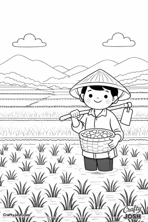This calm Vietnam rice field shows a farmer wearing a conical hat and caring for his crops.