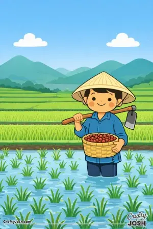 This calm Vietnam rice field shows a farmer wearing a conical hat and caring for his crops.