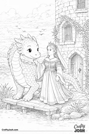 This colored illustration shows a princess standing calmly beside her gentle dragon near an ancient stone tower