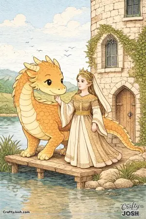 This colored illustration shows a princess standing calmly beside her gentle dragon near an ancient stone tower