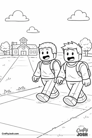 A calm Roblox-inspired scene showing two friends walking together on a sidewalk toward a small school building, smiling and carrying their backpacks ..