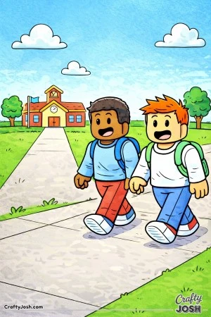 A calm Roblox-inspired scene showing two friends walking together on a sidewalk toward a small school building, smiling and carrying their backpacks ..