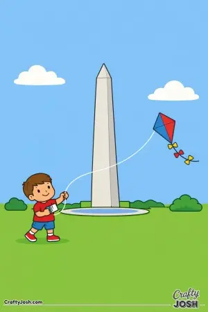 A happy child flies a kite while the tall Washington Monument stands proudly in the background.