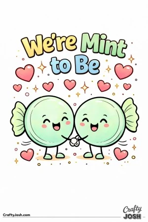 This cute Valentine’s Day coloring page features two smiling mint candies holding hands with the playful phrase “We’re Mint to Be.”