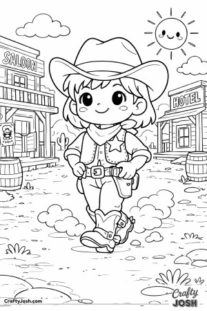 This confident sheriff stands tall in the middle of a lively Wild West town, hands on hips and ready for action.