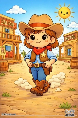 This confident sheriff stands tall in the middle of a lively Wild West town, hands on hips and ready for action.