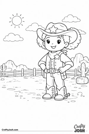 A confident young sheriff stands tall in the sunny Wild West, hands on her hips and a bright star shining on her vest.
