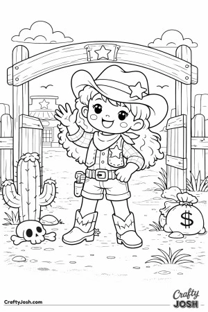 A cheerful Wild West sheriff waves hello at the town gate, welcoming everyone with a big smile.