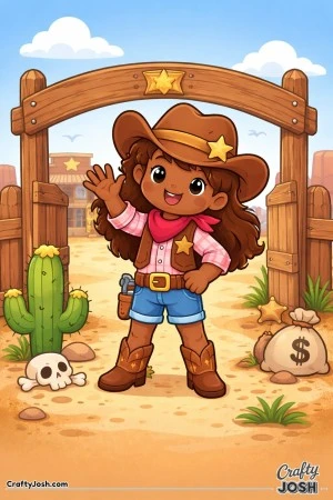 A cheerful Wild West sheriff waves hello at the town gate, welcoming everyone with a big smile.