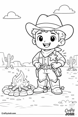 A friendly Wild West sheriff stands proudly by a crackling campfire under a wide open sky.