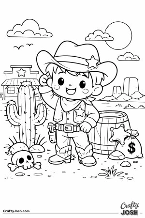 A cheerful Wild West sheriff stands proudly beside a tall cactus under the sunny desert sky.
