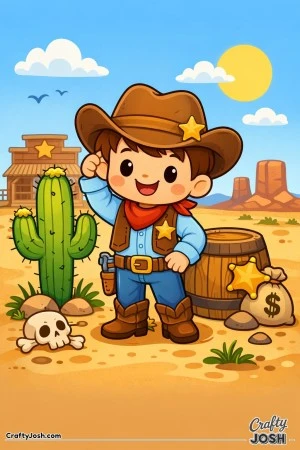 A cheerful Wild West sheriff stands proudly beside a tall cactus under the sunny desert sky.