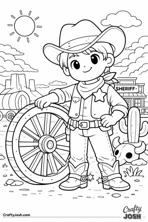 This confident young sheriff stands proudly by a wagon wheel, ready for a big day in the Wild West.