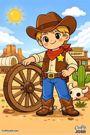 This confident young sheriff stands proudly by a wagon wheel, ready for a big day in the Wild West.