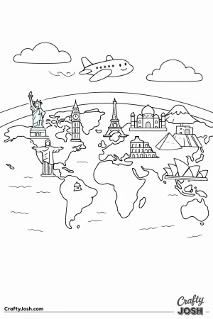Fly around the world with this friendly map filled with well-known landmarks from many countries
