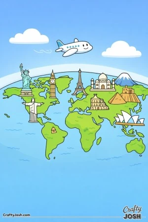 Fly around the world with this friendly map filled with well-known landmarks from many countries